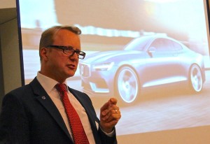 Dean Shaw, V-P for Corporate Communications, showed photos of Volvo’s stunning Concept Coupé, a modern take on the company’s iconic P1800.